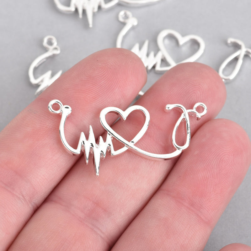 5 Silver Nurse Charms HEARTBEAT HEART STETHOSCOPE Connector Link 1.5" chs4420