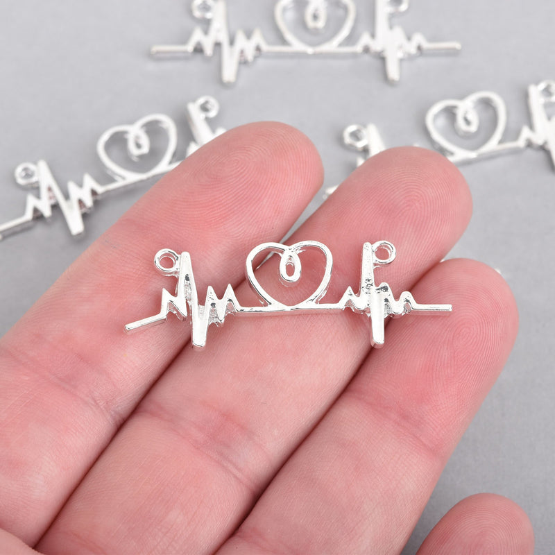 5 Silver Plated ECG HEARTBEAT charms, connector charm pendants, love charms, heart charms, 44x14mm, chs4424
