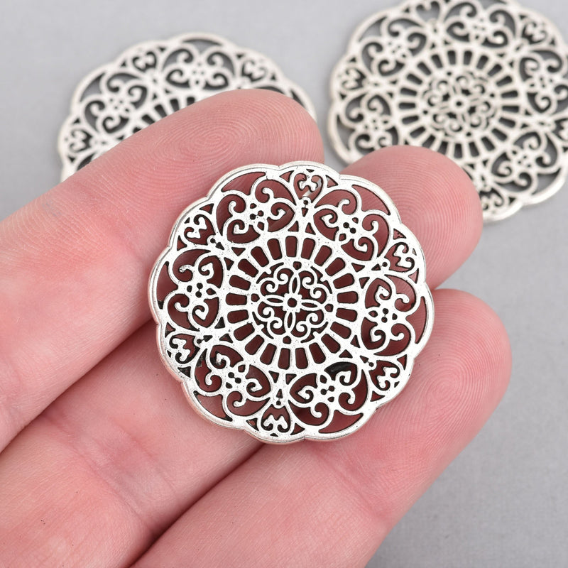 10 Silver Filigree Round Charms flat findings 1.25" diameter chs4426