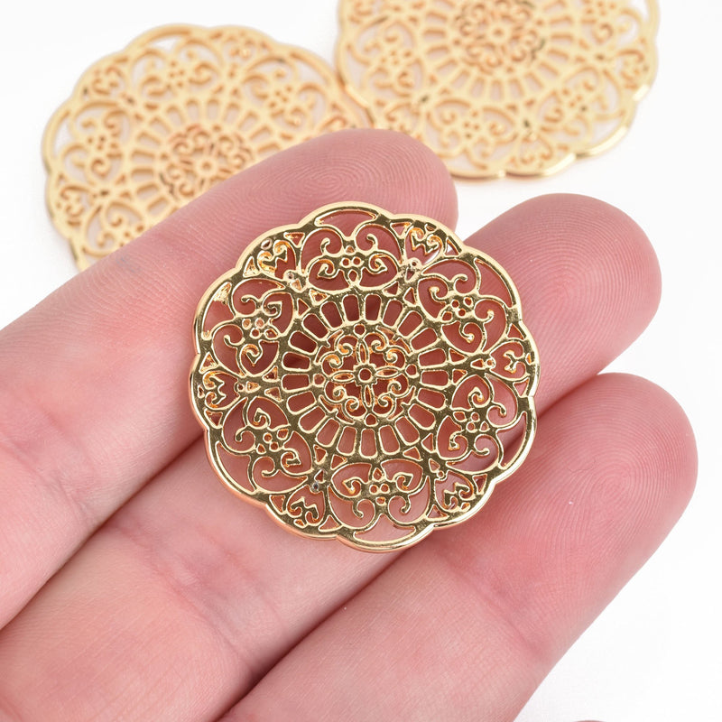10 Gold Filigree Round Charms flat findings 1.25" diameter chs4427
