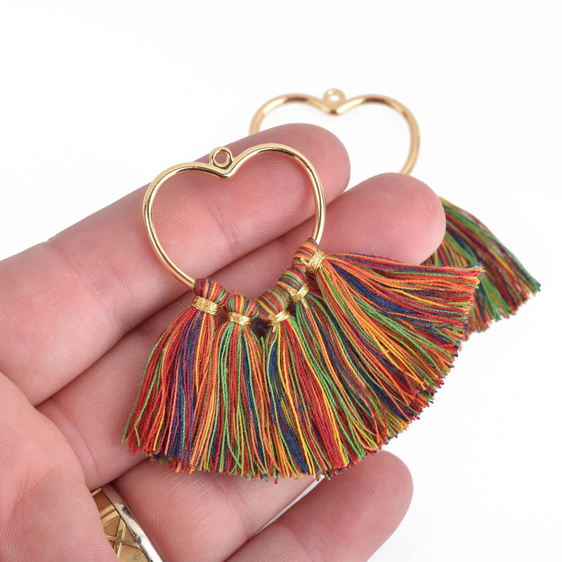 2 Large Tassel Charms Gold HEART with RAINBOW Fringe Tassels 75x55mm chs4432