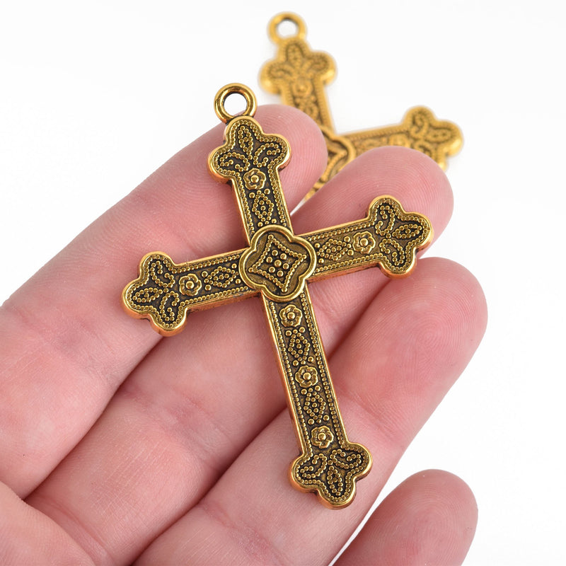 2 Large Gold Ornate Cross Pendants 2-3/8", chs4435