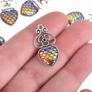 5 MERMAID Charms Red AB Heart Mermaid Scale with Silver Bezel, 29mm, chs4436