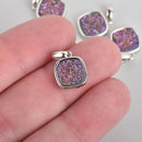 2 PURPLE IRIS Druzy Quartz Charms SQUARE Silver Brass 17x11mm chs4439