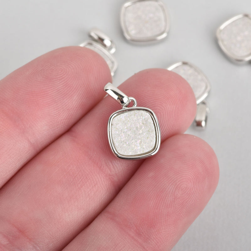 2 WHITE AB Druzy Quartz Charms SQUARE Silver Brass 17x11mm chs4440