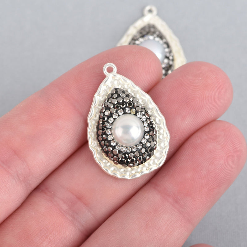 Teardrop Matte Silver Pearl Charm pave crystals on hammered gold base, 29x20mm, chs4444