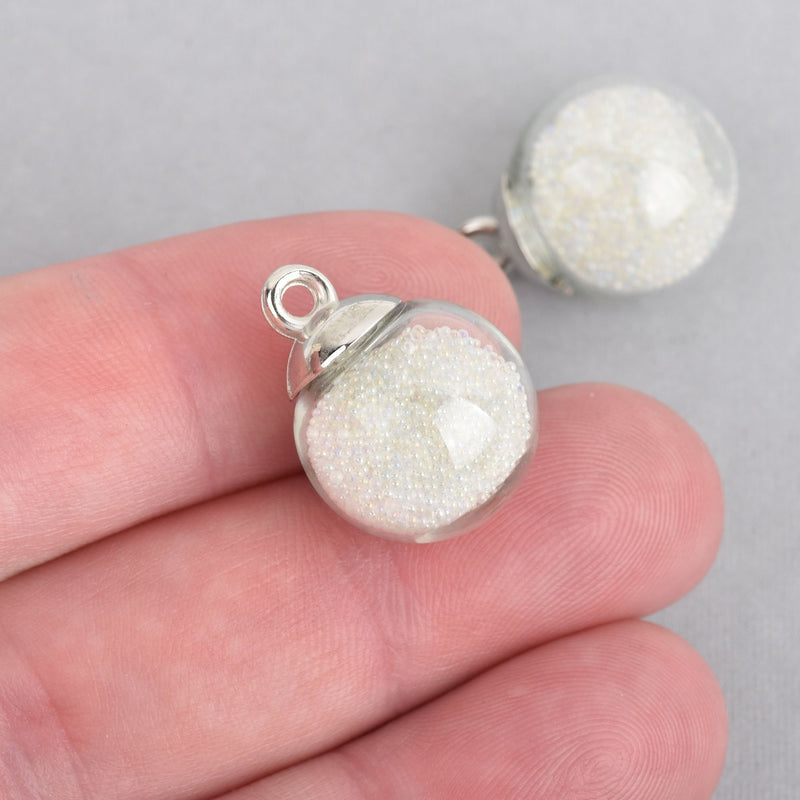 5 Glass Ball Charms round globe glass vial with WHITE micro beads 21x16mm chs4446