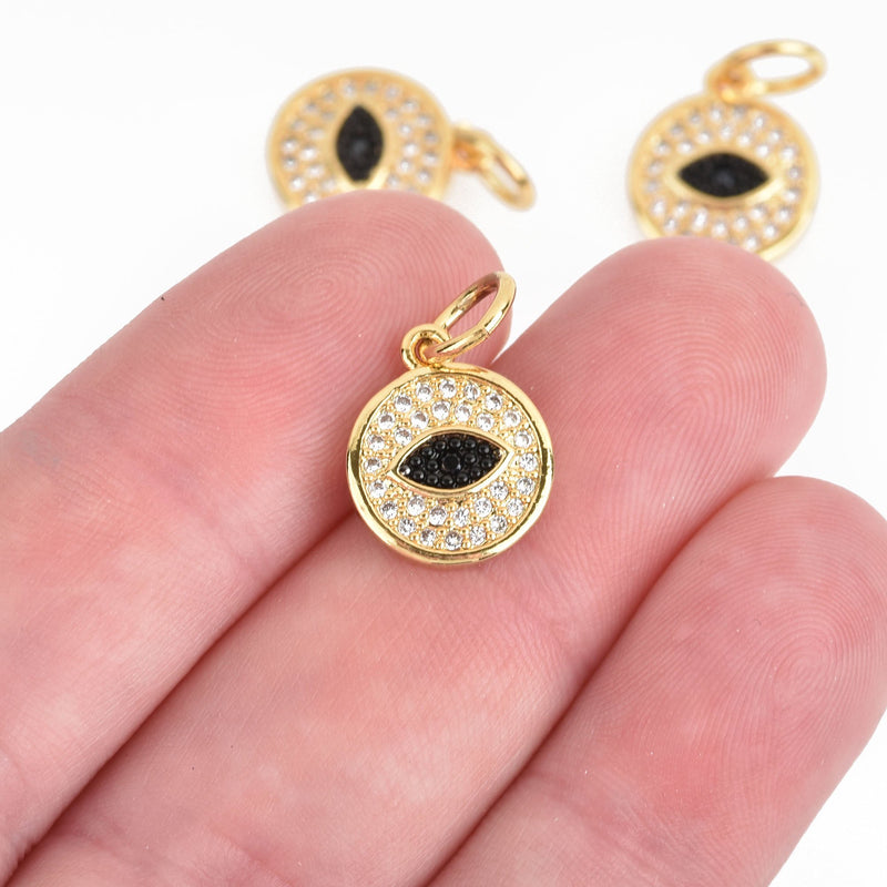 Gold Evil Eye Charm, Hand-Set CZ Cubic Zirconia Rhinestones, Lucky Eye Charm, 12mm (1/2"), chs4449