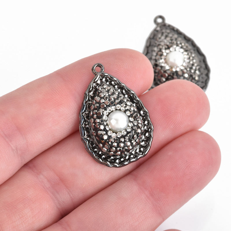 Teardrop Gunmetal Black Pearl Charm pave crystals on hammered metal base, 29x20mm, chs4451
