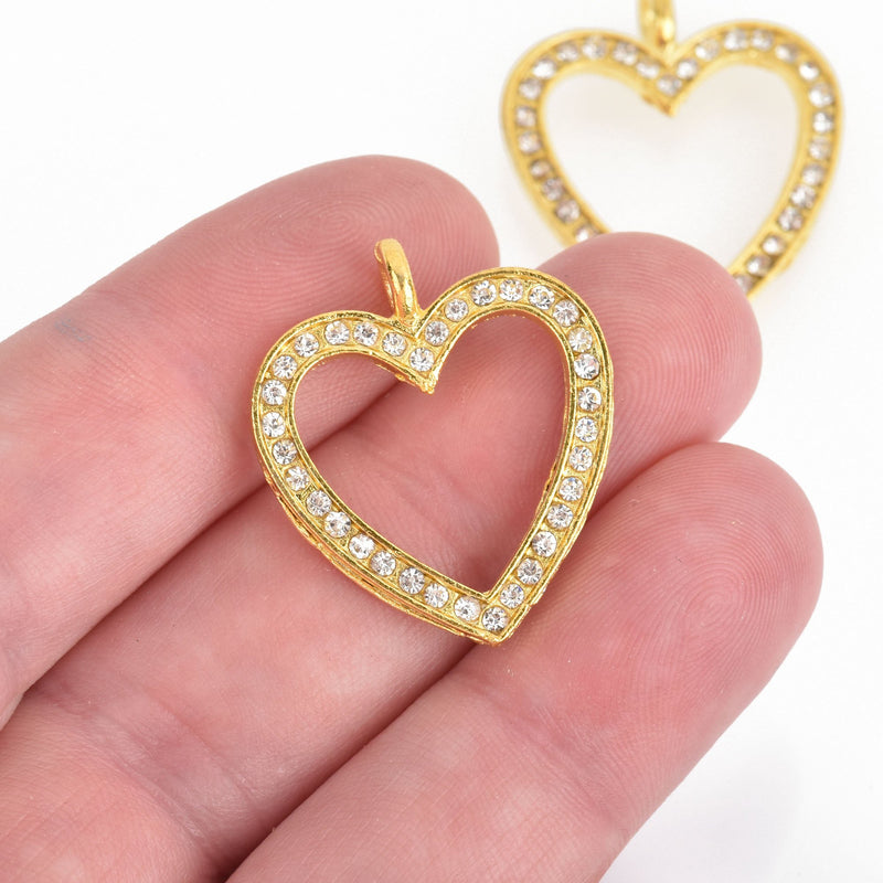 5 GOLD HEART Charms with rhinestone crystals 28x24mm chs4452