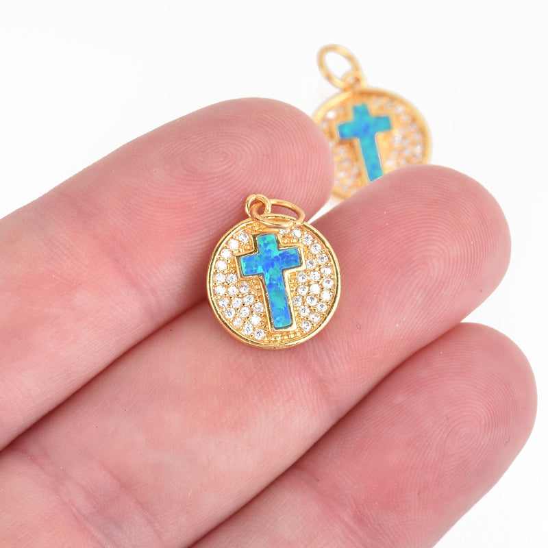 Gold CROSS Micro Pave Charm Faux Blue Opal Dot Charm 13mm chs4455