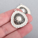 Triangle Teardrop Matte SILVER Pearl Charm pave crystals on hammered metal base, 30x27mm, chs4456