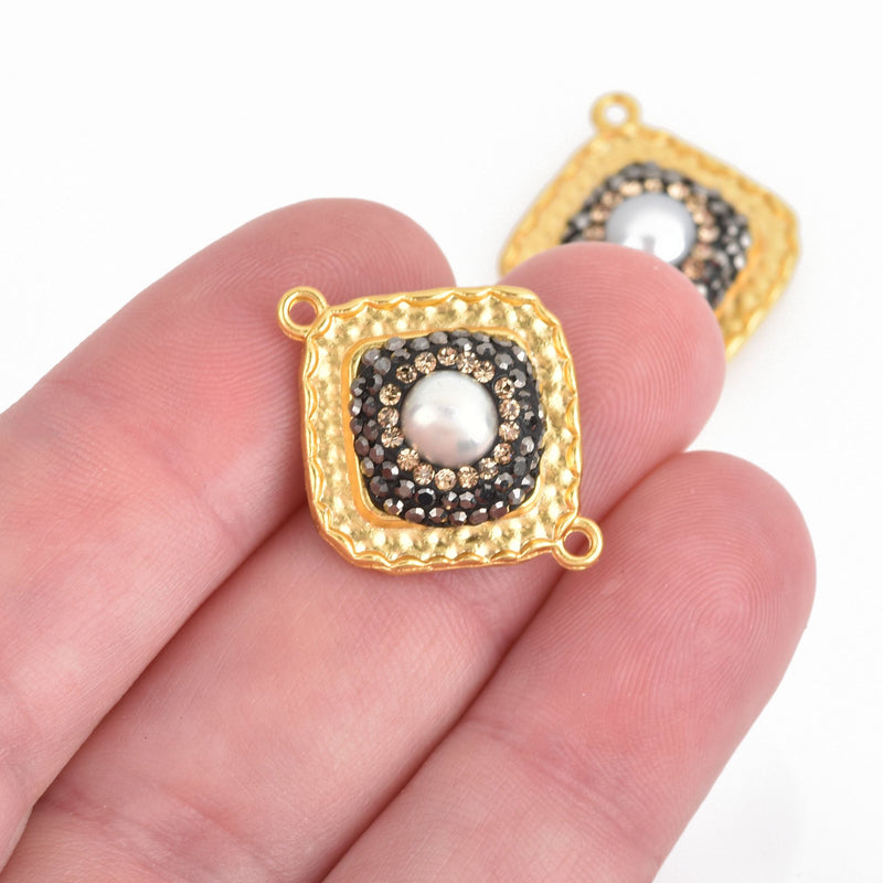 Square Matte Gold Pearl Charm Connector Link pave crystals on hammered metal base, 25mm, chs4457