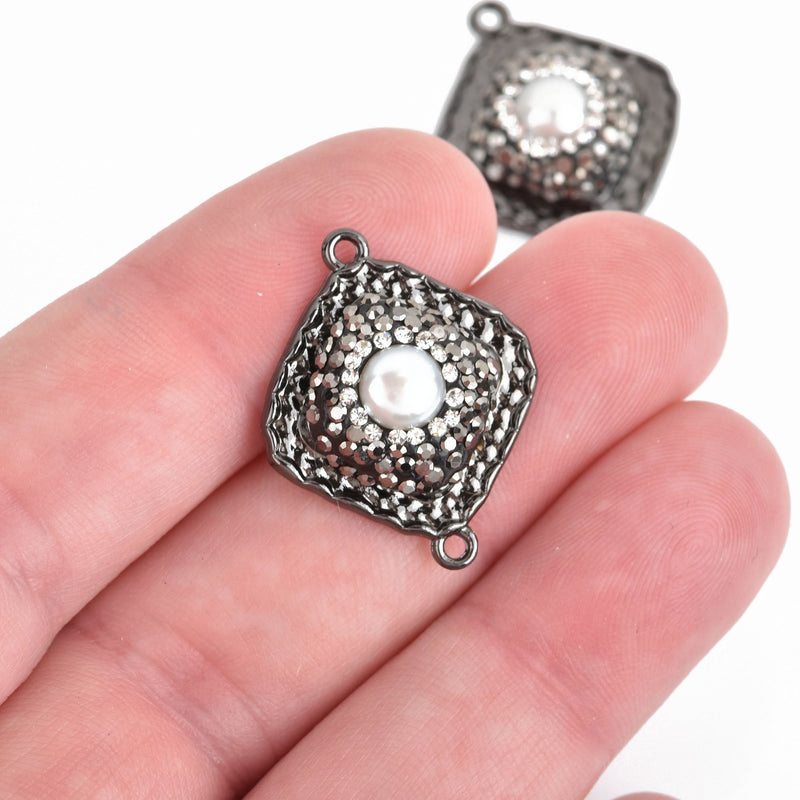 Square Black Pearl Charm Connector Link pave crystals on hammered metal 25mm, chs4458