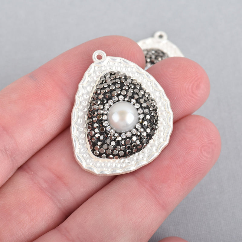 Triangle Teardrop Matte SILVER Pearl Charm pave crystals on hammered metal base, 35x27mm, chs4459
