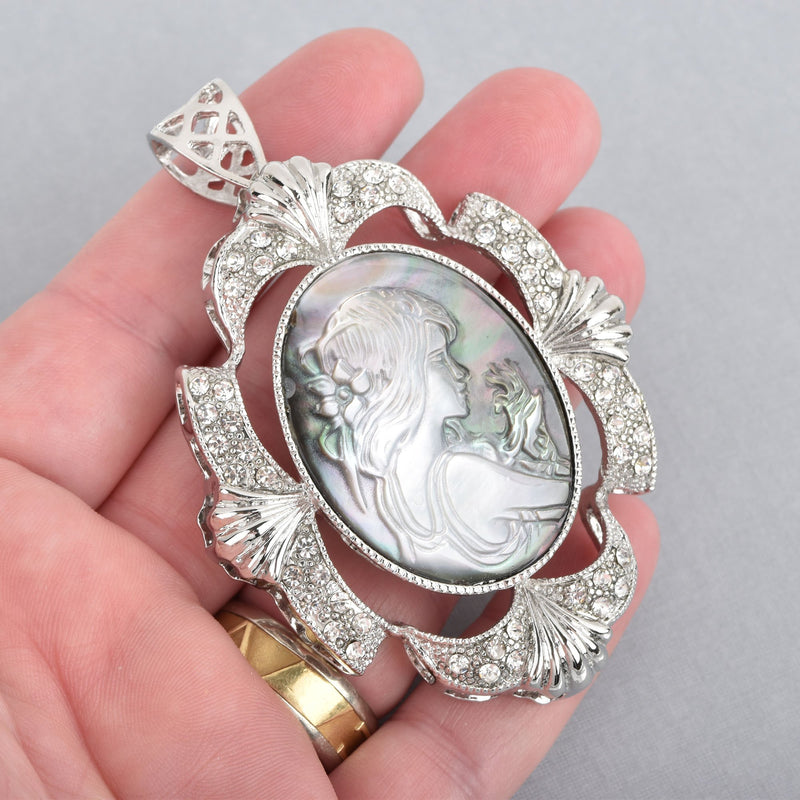 1 Large Cameo Pendant with Girl in Mother of Pearl Pendant, 3.25" long, chs4461