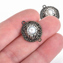 Round Black Pearl Charm Connector Link, pave crystals on hammered metal base, 23mm, chs4465