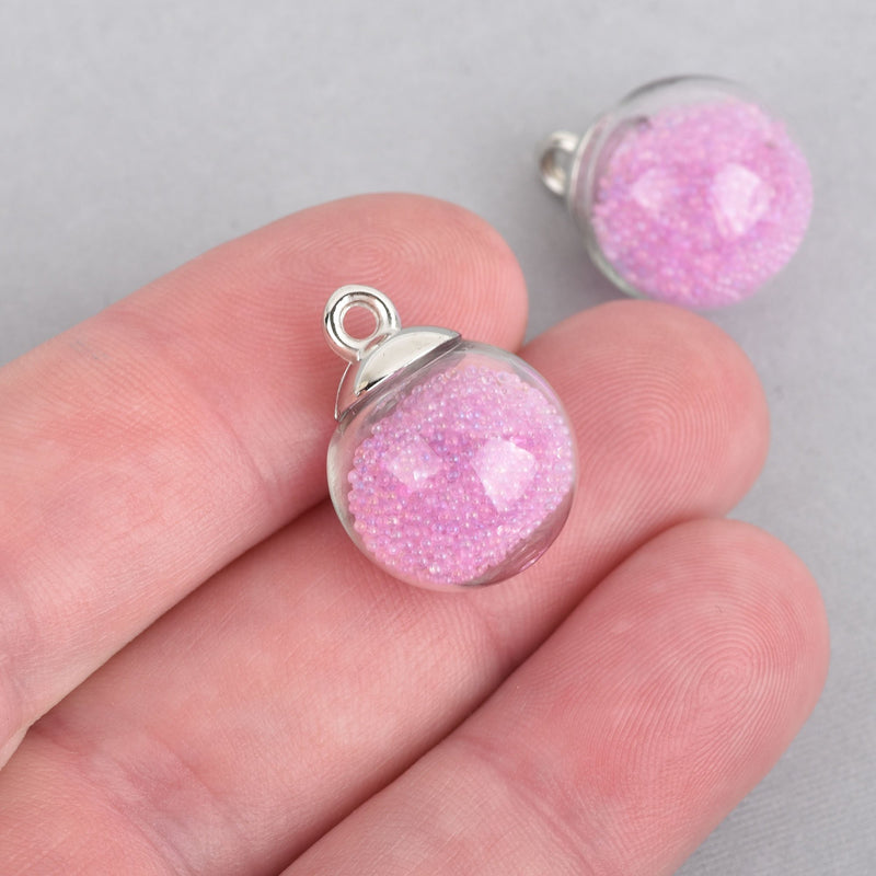 5 Glass Ball Charms round globe glass vial with PINK micro beads 21x16mm chs4466