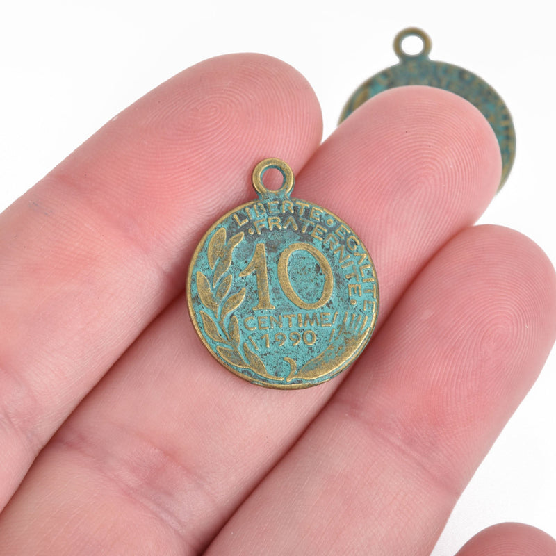 10 EURO COIN Charms bronze patina blue green verdigris paint wash charm, 23x19mm, chs4472