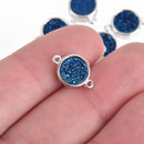 2 BLUE IRIS Druzy Quartz Gemstone Charms SILVER round connector link 14x10mm chs4486