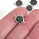 2 BLACK Druzy Quartz Gemstone Charms SILVER round connector link 14x10mm chs4489