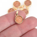2 PEACH AB Druzy Quartz Charms ROUND Gold Brass 18x12mm chs4492