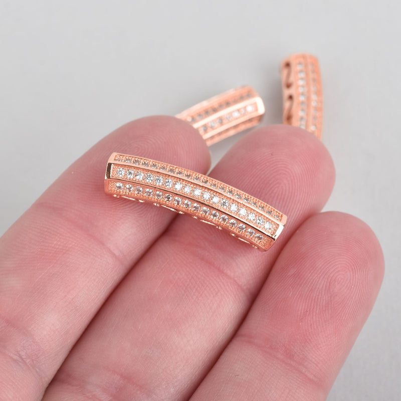 Rose Gold Bar Tube Bead Charm Micro Pave Cubic Zirconia Crystals 25mm chs4506