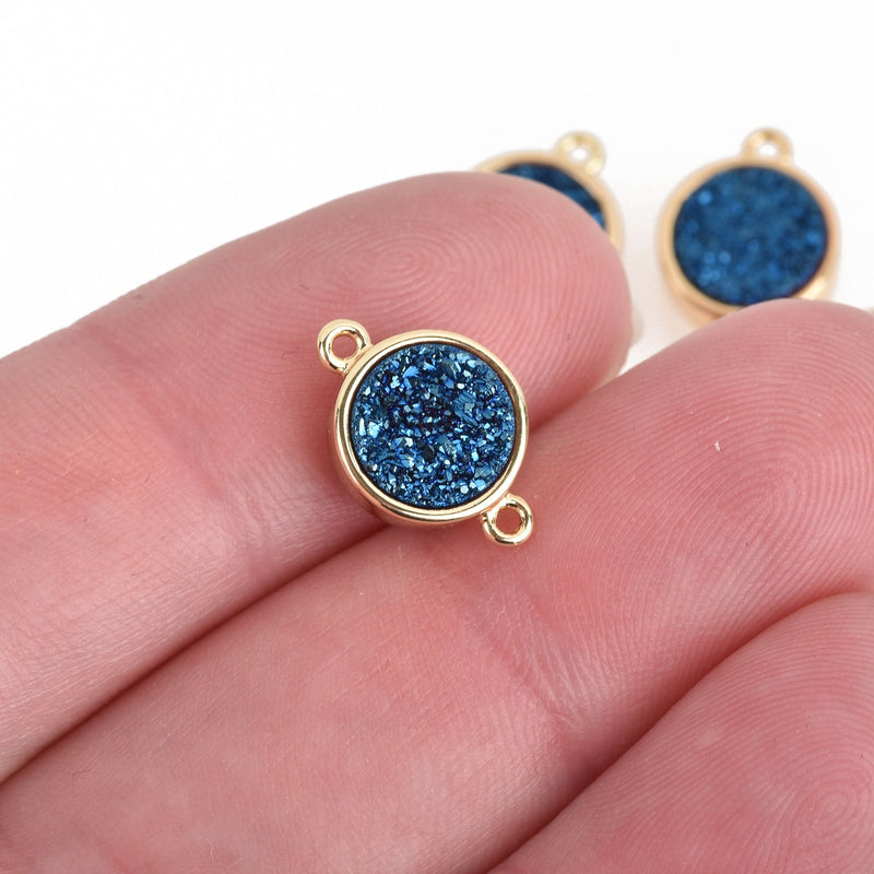 2 BLUE IRIS Druzy Quartz Gemstone Charms GOLD round connector link 14x10mm chs4507