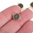 2 BLACK Druzy Quartz Gemstone Charms GOLD round connector link 14x10mm chs4508