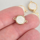2 WHITE AB Druzy Quartz Gemstone Charms GOLD round connector link 14x10mm chs4509