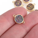2 PURPLE RAINBOW Druzy Quartz Gemstone Charms GOLD round connector link 14x10mm chs4511