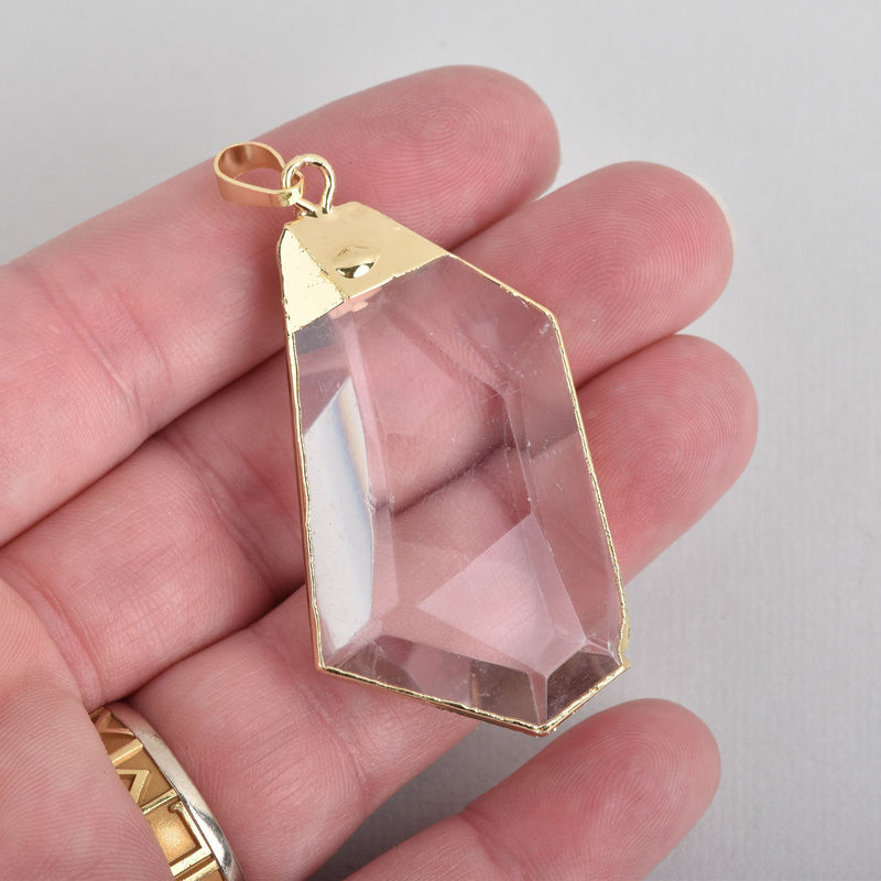 1 Crystal Drop Pendant, Clear Glass, Faceted, GOLD Bail, 2.25" long, chs4514