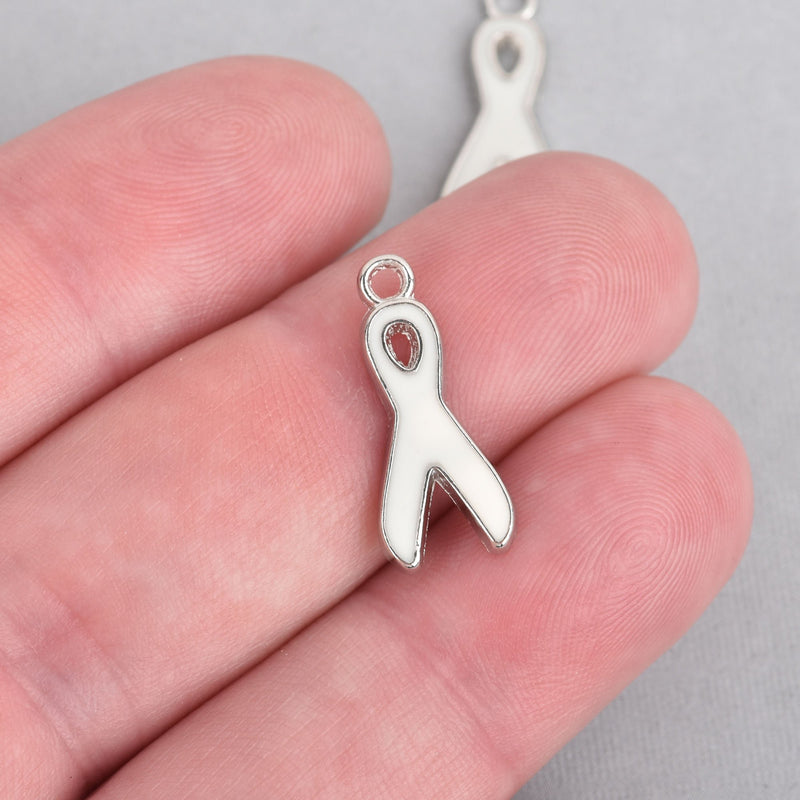 4 Silver and WHITE Enamel Awareness Ribbon Charms chs4517