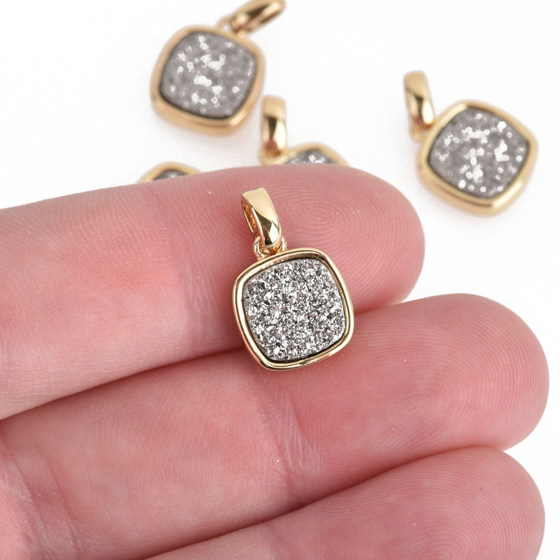 2 SILVER Druzy Quartz Charms SQUARE Gold Brass 17x11mm chs4518