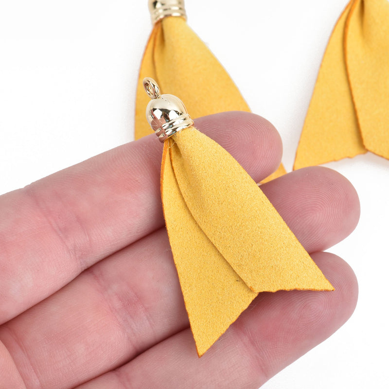 10 YELLOW Faux Leather Ribbon Tassel Charms with gold cap 2" long chs4523