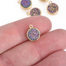 2 PURPLE RAINBOW Druzy Quartz Gemstone Charms GOLD round 10mm chs4524