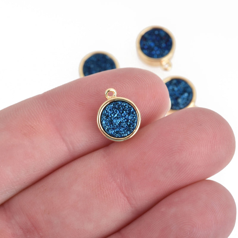 2 BLUE IRIS Druzy Quartz Gemstone Charms GOLD round 10mm chs4526