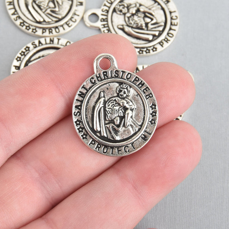 5 Religious Medal Charms, Silver Relic Charm Pendants Patron Saint 29x24mm, chs4530