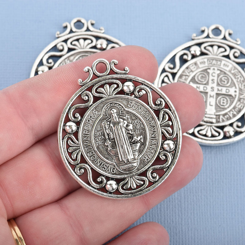 5 Religious Medal Charms, Silver Relic Filigree Patron Saint charms 45mm chs4555
