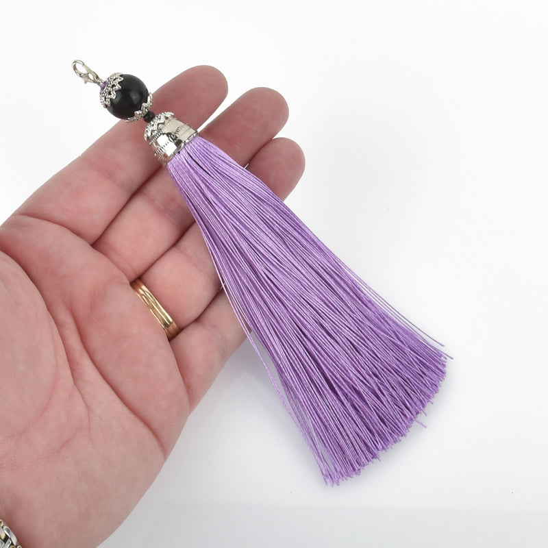 LAVENDER PURPLE Tassel Pendant with Silver Topper and Clasp 6" long chs4557