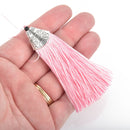 2 PINK Tassel Pendant with Silver Bead Cone Topper 3.25" long chs4558