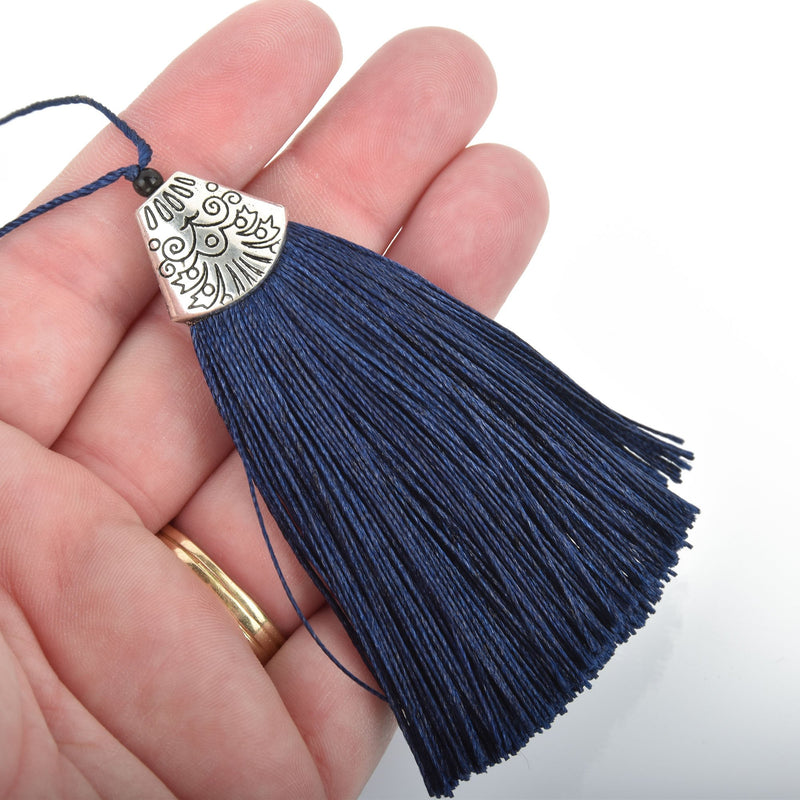 2 NAVY BLUE Tassel Pendant with Silver Bead Cone Topper 3.25" long chs4559