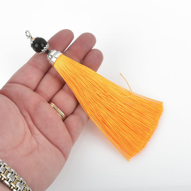 LIGHT ORANGE YELLOW Tassel Pendant with Silver Topper and Clasp 6" long chs4560
