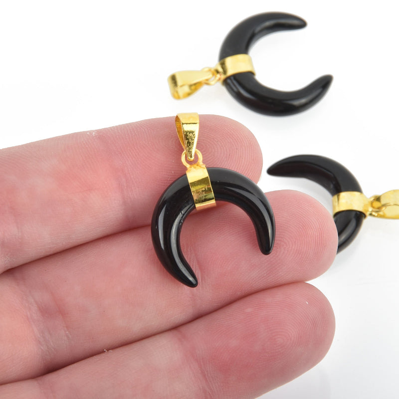 BLACK ONYX Double Horn Charm Pendant, Crescent Horn, Gold Bail, 20mm (3/4") chs4571