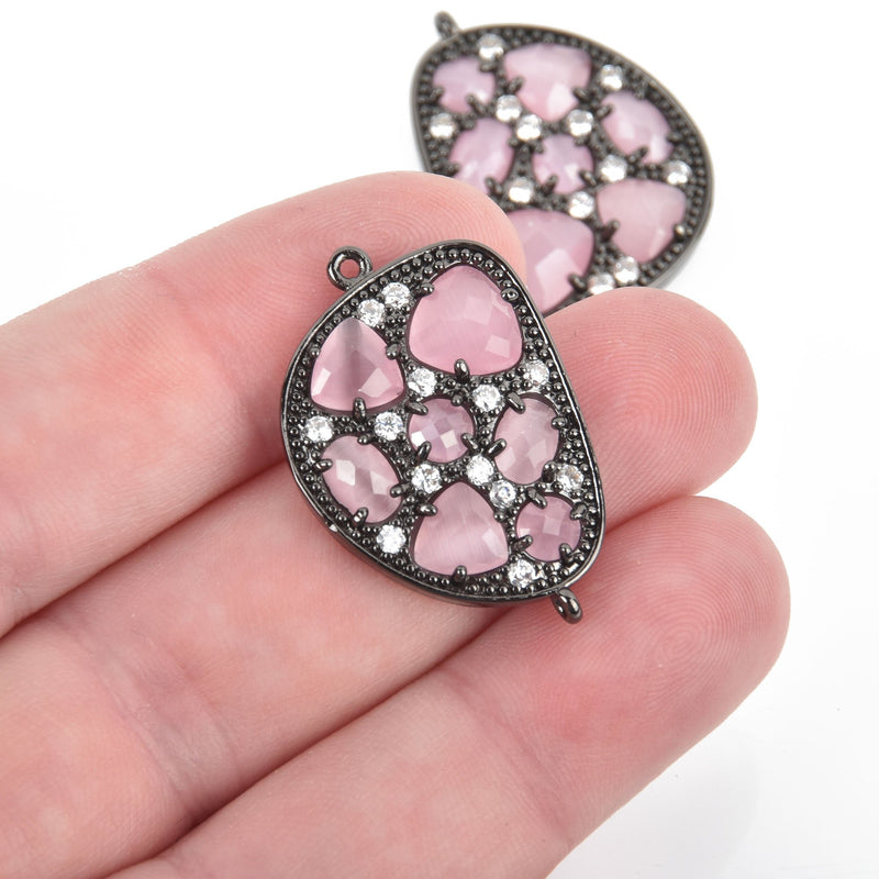 PINK Cats Eye and Crystal Gunmetal Charm Connector Link, Drop Charm, 30mm chs4584