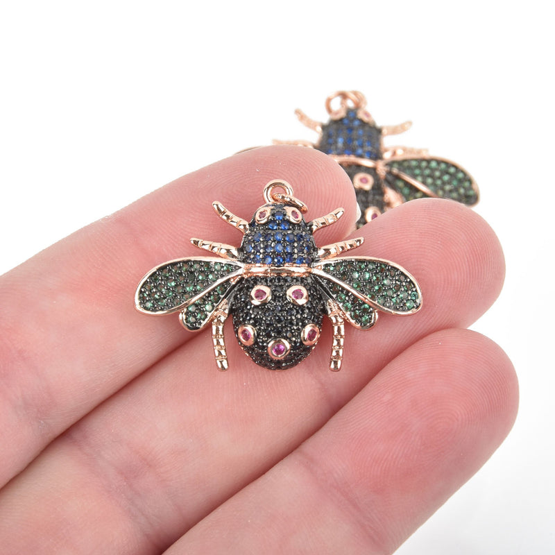 Large Rose Gold BEE Charm, Micro Pave Cubic Zirconia Crystals, Rhinestone Charm Pendant 34x22mm, chs4591