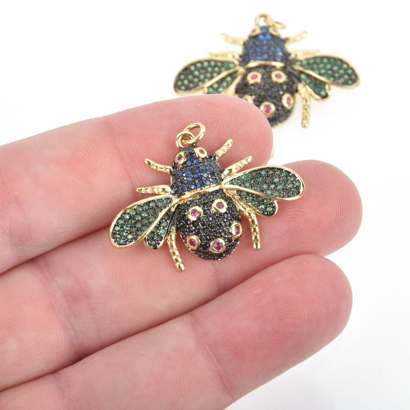 Large Gold BEE Charm, Micro Pave Cubic Zirconia Crystals, Rhinestone Charm Pendant 34x22mm, chs4592