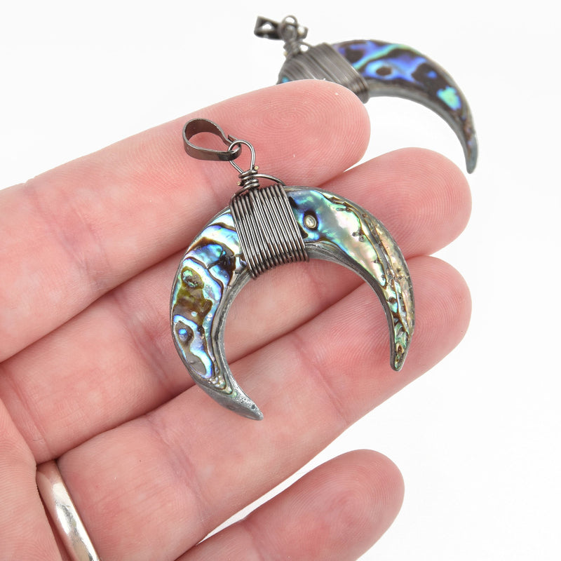 ABALONE Shell Double Horn Charm Pendant, Crescent Horn, Black Wire Wrap, Upside Down Moon 35mm (1-3/8"), chs4599