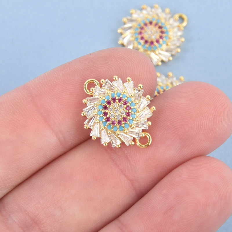 Gold Spiral Round Charm, Micro Pave CZ Cubic Zirconia Crystals, Rhinestone 2-hole Connector Link, Brass Metal, 20x16mm, chs4608