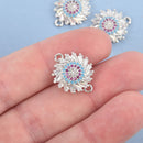 Silver Spiral Round Charm, Micro Pave CZ Cubic Zirconia Crystals, Rhinestone 2-hole Connector Link, Brass Metal, 20x16mm, chs4609